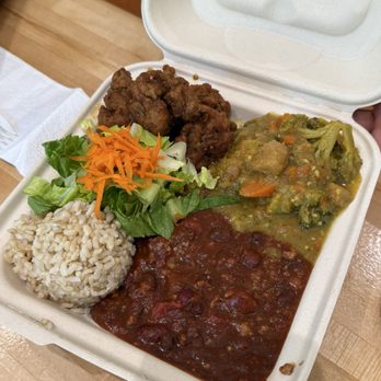 Umeke Market - 3 entree plate lunch with half salad half brown rice - Vegan Near Me - Honolulu, Hawaii Umeke Market - 3 entree plate lunch with half salad half brown rice - Vegan Near Me - Honolulu, Hawaii