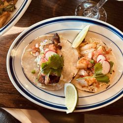 Blackened Fish Taco and Shrimp Taco with Naan Bread.