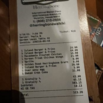 Herringbone Waikiki - Receipt - Seafood Near Me - Honolulu, Hawaii