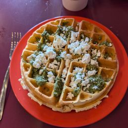 Waffle with feta cheese and excellent pesto.