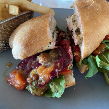 Karen's Place - My favorite!!! Grilled chicken sandwich topped with beets, arugula, goat cheese (I asked without) and mango chutney. So delicious!!! - Mexican Near Me - Bucerias, NAY