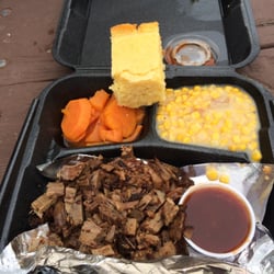M & M Meals for the Soul - Brisket Dinner, Creamy Pan Fried Corn, Candy Yams (not too sweet, just right!), and Cornbread.