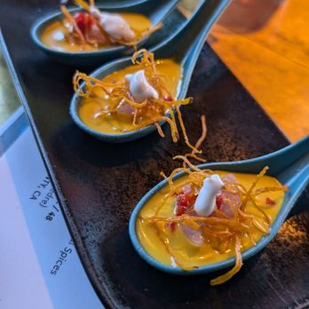 Linger - Albacore tuna crudo amuse with a dollop of tiger's milk and dried sweet potato - Asian Fusion Near Me - Denver, Colorado Linger - Albacore tuna crudo amuse with a dollop of tiger's milk and dried sweet potato - Asian Fusion Near Me - Denver, Colorado