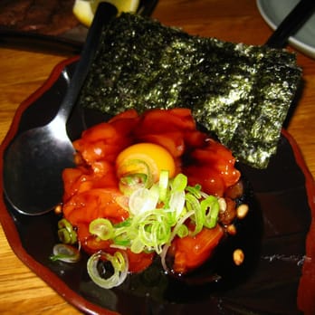 G-men Ramen - Salmon yukke nori wrap - chopped atlantic salmon with green onion in yukke sauce topped with quail egg (7.2.10) - Ramen Near Me - Richmond, British Columbia
