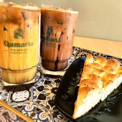 Qamaria Yemeni Coffee - Iced Qamaria Latte, Iced Mocha Latte, & Honey Comb Pastry