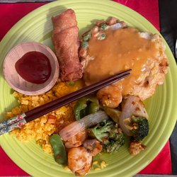 Happy Family Chinese Restaurant - Chicken egg foo young with delicious gravy, Szechwan shrimp, fried rice, sweet and sour sauce, and egg roll