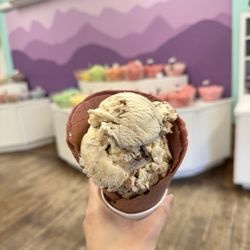 Danish Cone Factory - tiger butter (peanut butter) ice cream with a black raspberry waffle cone