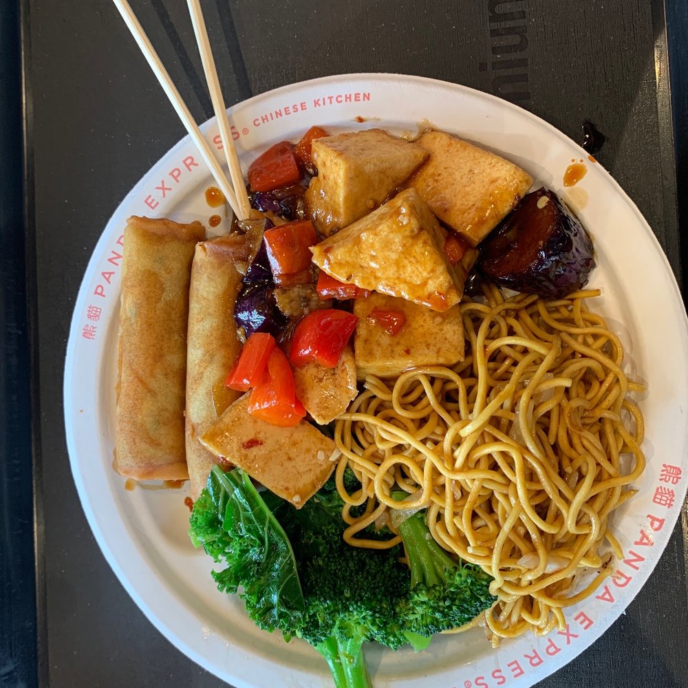 Chow mein noodles, with super greens entree and the eggplant tofu entree with a side of vegetable spring rolls. Chow mein noodles, with super greens entree and the eggplant tofu entree with a side of vegetable spring rolls.