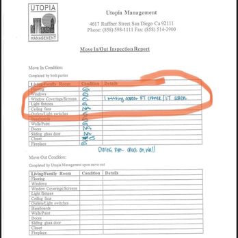 Utopia Management - Move out report shows same missing screen from when moved in. Utopia is charging me for this. - Real Estate Services Near Me - San Diego, California