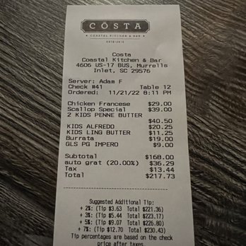 Costa - Kids meal prices. Owner must think they use pure gold - Italian Near Me - Murrells Inlet, South Carolina Costa - Kids meal prices. Owner must think they use pure gold - Italian Near Me - Murrells Inlet, South Carolina