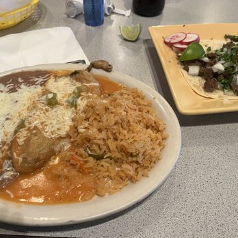 Mariscos Las Brisas - Chile relleno plate with carne asada taco.  Delicious. - Mexican Near Me - Chino, California