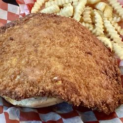 The Filling Station - Breaded pork tenderloin.  3/4 lb.  8 inch bun.  With fries.