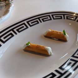 Restaurant Lido 84 - 03/04/24 Oscillazioni - Baccala Cannoli, Sweet Potato Crisp, Foccacina, Cabbage with Miso, Orange Oil Cream