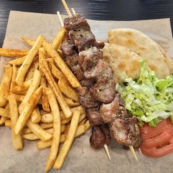Nostimo Grill - Three pork skewers with fries pita and tzatziki sauce. Delicious. - Greek Near Me - North Hollywood, California
