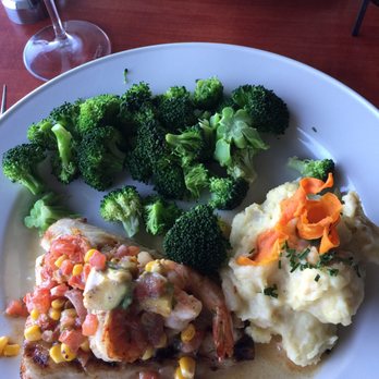 Chart House - Copia with shrimp and avocado salsa, broccoli, Yukon Gold Mashed Potatoes - Seafood Near Me - Dana Point, California