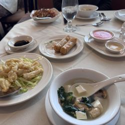Spinach, Mushroom & Tofu Soup, Noble Calamari, Vegetable Spring Rolls. Noble Lo-mein in the background