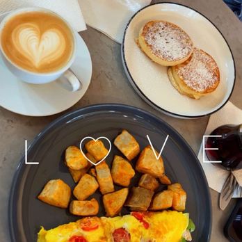 Stop & Taste - café con leche (latte) ; baby pancakes , chicken omelette & home fries . - Breakfast & Brunch Near Me - San Juan, Puerto Rico Stop & Taste - café con leche (latte) ; baby pancakes , chicken omelette & home fries . - Breakfast & Brunch Near Me - San Juan, Puerto Rico
