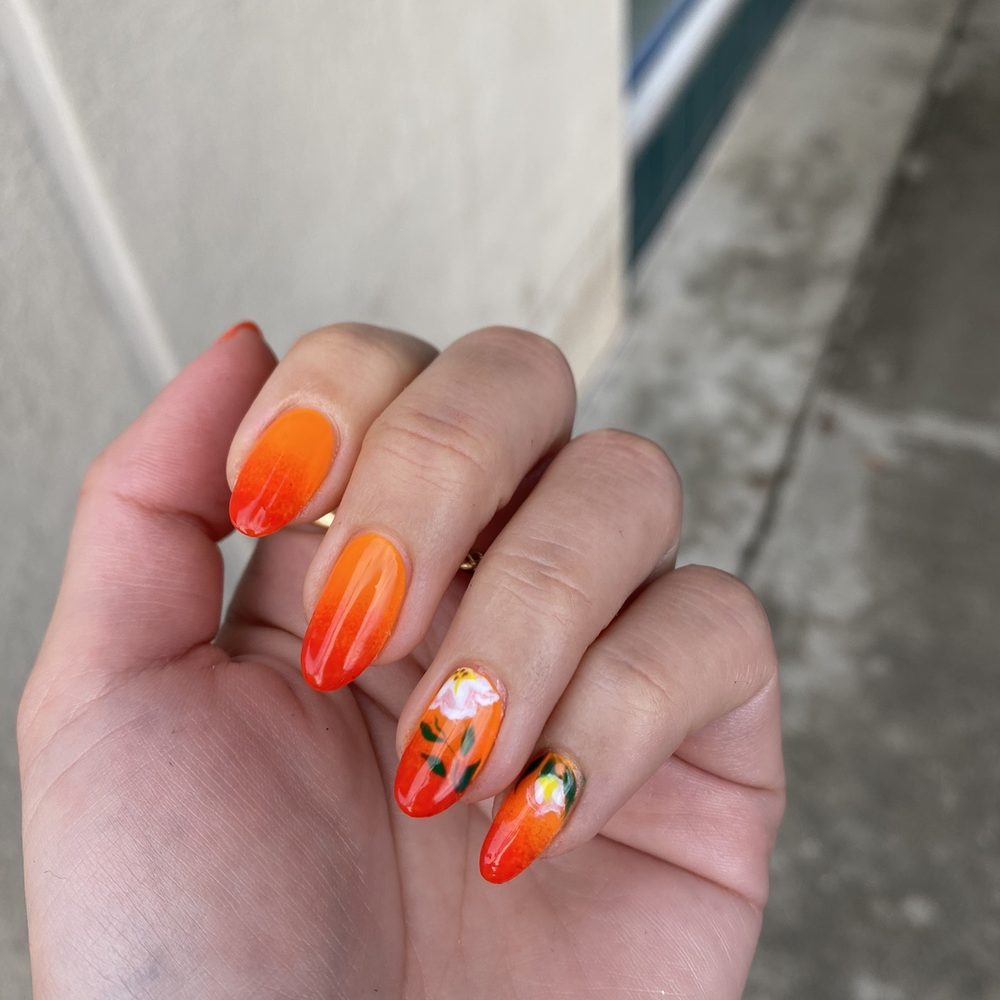 Pure Nails Spa - red orange ombré and flower design - Nail Salons Near Me - Pasadena, California Pure Nails Spa - red orange ombré and flower design - Nail Salons Near Me - Pasadena, California