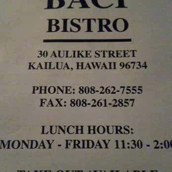 Baci Bistro - Lunch hours - Italian Near Me - Kailua, Hawaii