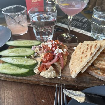 Postino Village District - Greek Hummus Board (Violet Femme + Prickly Pear Margarita in the background) - Wine Bars Near Me - Raleigh, North Carolina Postino Village District - Greek Hummus Board (Violet Femme + Prickly Pear Margarita in the background) - Wine Bars Near Me - Raleigh, North Carolina