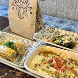 tacoria - Piscataway - Chips, Street Corn, Burrito Box, and Brussel Sprout Taco.