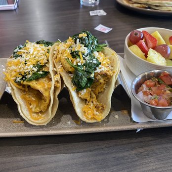 Early Bird Shadow Lake - Breakfast tacos with spinach added and fruit side - Breakfast & Brunch Near Me - Papillion, Nebraska Early Bird Shadow Lake - Breakfast tacos with spinach added and fruit side - Breakfast & Brunch Near Me - Papillion, Nebraska