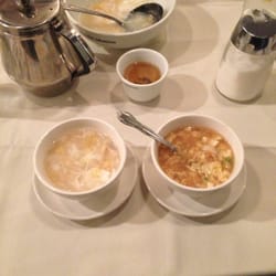 Peking Dragon Restaurant - Corn soup (left) and Egg Flower soup (right). Surprised by the shrimp in the Egg Flower soup, low oil in both.