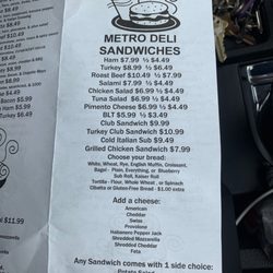 Metro Deli - Sandwich menu