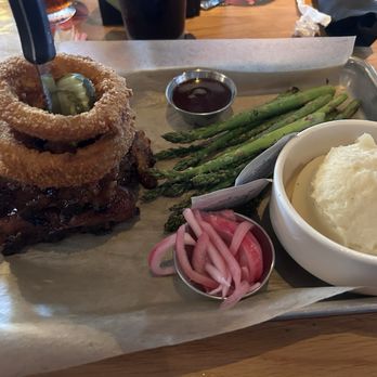 BJ's Restaurant & Brewhouse - 1/2 BBQ Baby Back Pork Ribs - Half l, mash potato, and  asparagus - New American Near Me - Lexington, Kentucky
