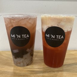 Left: make your own (blueberry and lychee with tapioca and lychee jelly) Right: Mangoberry with cream foam Left: make your own (blueberry and lychee with tapioca and lychee jelly) Right: Mangoberry with cream foam