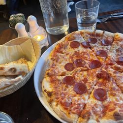 La Trattoria - Pepperoni pizza with focaccia bread (we ate almost all of it before our pizza arrived because it was so good)