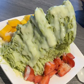 Nu Ice & Drinks - Green tea shaved ice with strawberries and mango. - Desserts Near Me - Houston, Texas