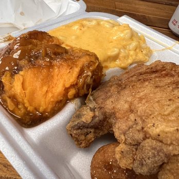 Backyard BBQ Pit - Fried pork chop with Mac n cheese and sweet potatoes - Barbeque Near Me - Durham, North Carolina