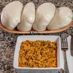 African Street Bites - Pounded yam (fufu) and egusi soup