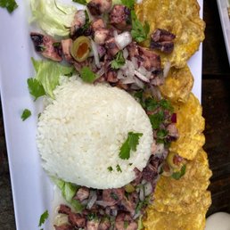 Octopus salad, tostones, rice Octopus salad, tostones, rice