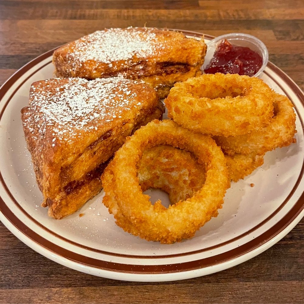 Wagon Wheel Restaurant - Monte Cristo w/ strawberry jam and onion rings. - American Near Me - Needles, California Wagon Wheel Restaurant - Monte Cristo w/ strawberry jam and onion rings. - American Near Me - Needles, California