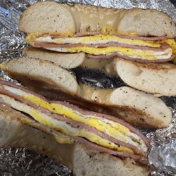 A&J Bagels - Taylor ham, egg, and cheese on a toasted poppy