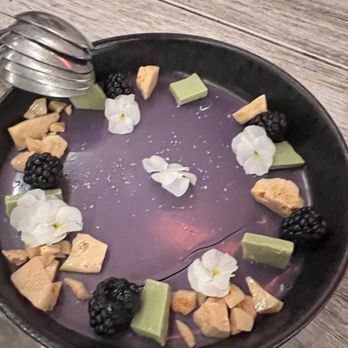 Small Barn - Ube panna cotta with honey comb, green tea white chocolate and pansies. So unique and so much flavor! - New American Near Me - Temecula, California Small Barn - Ube panna cotta with honey comb, green tea white chocolate and pansies. So unique and so much flavor! - New American Near Me - Temecula, California