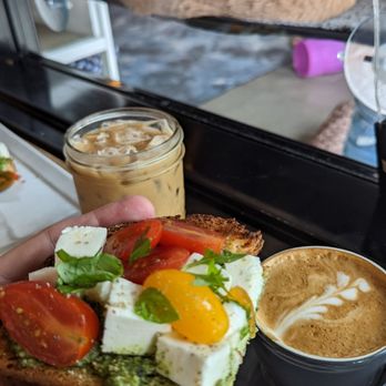 Cat & Craft - Catprese toast with a cortado and an ice vanilla latte. My favorite items on the menu. - Coffee & Tea Near Me - Vista, California Cat & Craft - Catprese toast with a cortado and an ice vanilla latte. My favorite items on the menu. - Coffee & Tea Near Me - Vista, California