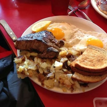 Mickies Dairy Bar - my order of steak & eggs w. hashbrowns & onions, sunny up eggs, rye toast, aaand steak! - Breakfast & Brunch Near Me - Madison, Wisconsin