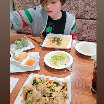 Thai House Restaurant - The drunken noodles up front, salad, fresh spring rolls, and in front of my son, salmon curry - Thai Near Me - Redding, California Thai House Restaurant - The drunken noodles up front, salad, fresh spring rolls, and in front of my son, salmon curry - Thai Near Me - Redding, California