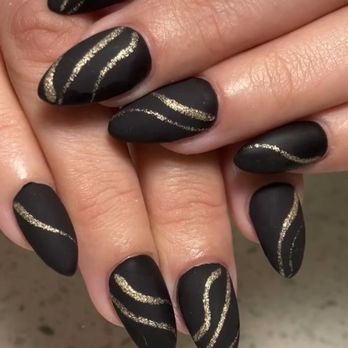 Nails By Phoebe Studio - Matte black with gold squiggles - Nail Technicians Near Me - San Diego, California Nails By Phoebe Studio - Matte black with gold squiggles - Nail Technicians Near Me - San Diego, California