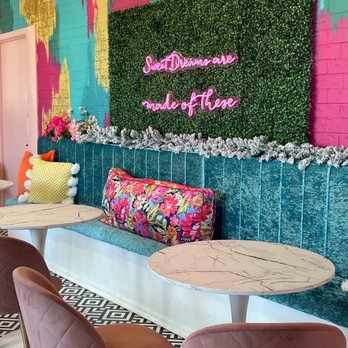 Pflour Shop Bakery - seating and neon sign - Bakeries Near Me - Austin, Texas