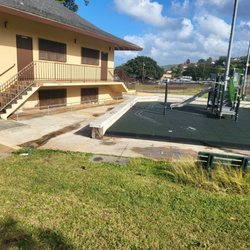 Lanakila District Park - The playground and basketball court are to the right.  Directly to the left under the stairs is where the homeless smoke and sleep.