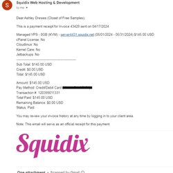 Squidix Web Hosting & Development - The 'payment receipt' where I did not authorize payment on April 26th despite it being due on May 1st