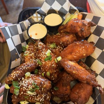 The Crazy Chicken - Half hot buffalo garlic and half Damn Daniel - Sports Bars Near Me - Minturn, Colorado The Crazy Chicken - Half hot buffalo garlic and half Damn Daniel - Sports Bars Near Me - Minturn, Colorado