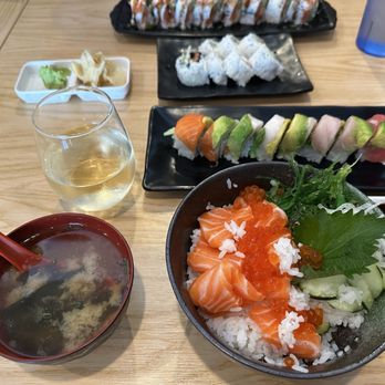 Riki Sushi - Udon, salmon bowl and rainbow roll, Philadelphia roll. - Sushi Bars Near Me - San Diego, California