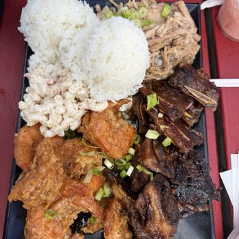 Grind Wit Tryz - Tri combo: kahlua pig, Kalbi short ribs, and Garlic shrimp - Filipino Near Me - Portland, Oregon