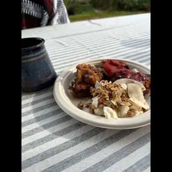 Flannel Dog Farm - Breakfast buffet French toast, with two different types of homemade compote made by Chris and yogurt with granola. - Farms Near Me - Ashtabula, Ohio