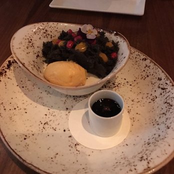 Morimoto - Tofu mousse, black sesame air cake with a sorbet and coffee syrup - Japanese Near Me - Las Vegas, Nevada